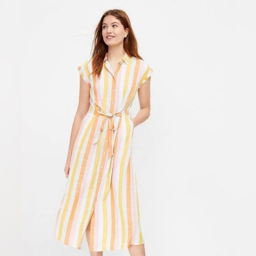 Loft Fit Flare Stripe Belted Pocket Midi Shirt Dress Whisper Size 4